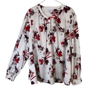 Liz Claiborne Womens Blouse 2X Top Long Sleeve Ivory Red Brown Floral Cottage
